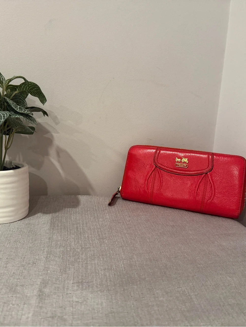 Coach Red Zip-Around Leather Wallet with Gold Hardware